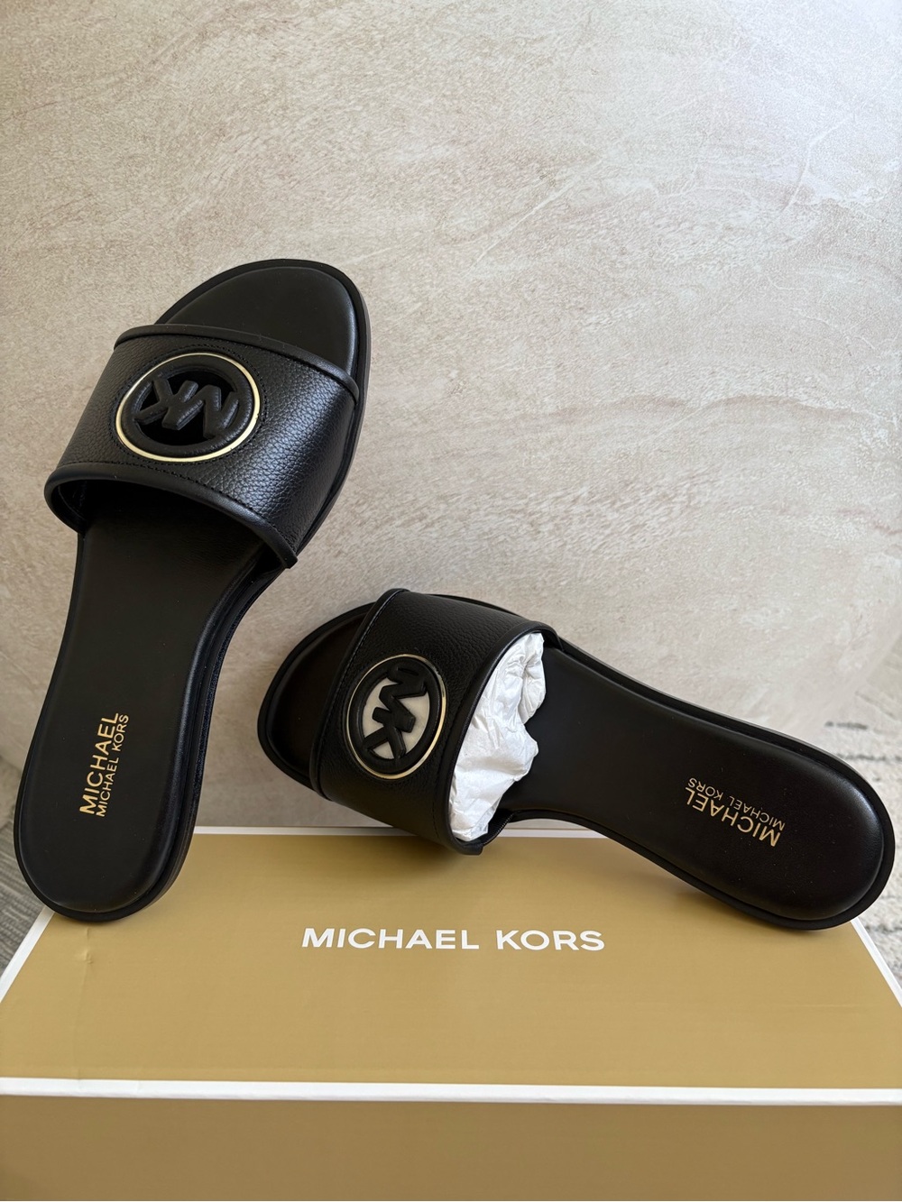 MICHAEL KORS Black Logo Leather Slide Sandals with Gold Trim
